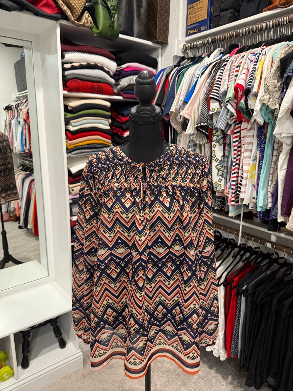 new directions Navy & Coral Chevron Smocked-Neck Blouse
